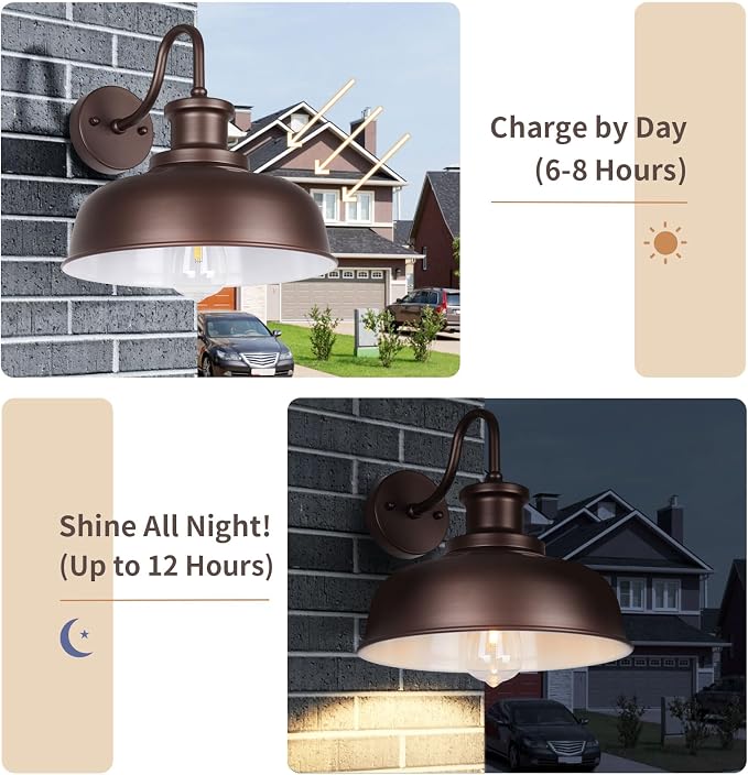 Solar Barn Lights for Outside, Outdoor Wall Light Solar Powered, Farmhouse Exterior Wall Sconce, Industrial Outside Lighting Fixture, Rustic Bronze White Lanterns for Barn Shed Coop Garage Patio