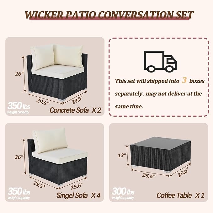 7 Pieces Outdoor Patio Furniture Sets, Patio Sectional Sofa Couch, PE Rattan Outdoor Wicker Sectional Furniture Sofa Set, Glass Coffee Table, for Balcony, Porch, Garden, Beige