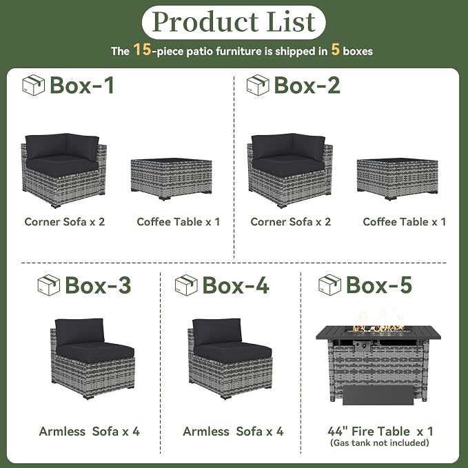 Aoxun 15 Piece Patio Furniture Set with Fire Pit Table Wicker Rattan Outdoor Sectional Sofa Set with Coffee Table and 4” Thickened Cushions, Grey/Black