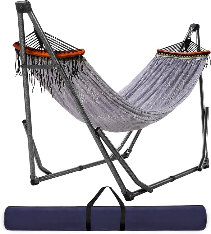 Goutime Collapsible Hammock Stand with Carry Bag, 550lbs, Portable, Grey | 3 level adjustable up to 10ft, double layer hammock net, fits indoor, yard, camping, and outdoor use