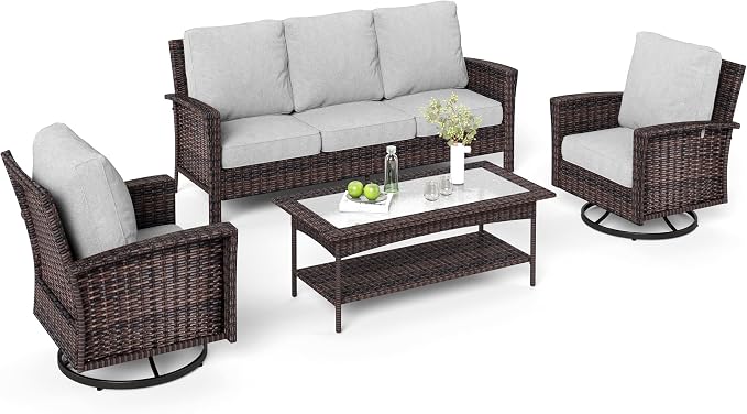 MIXPATIO 4-Piece Wicker Patio Furniture Set with Swivel Chairs, High Back Outdoor Sofa with 5.5-inch Thick Cushion, All-Weather Wicker Patio Conversation Set for Deck Yard Pool, Grey