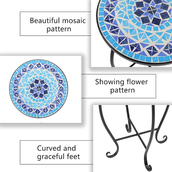 Mosaic Outdoor Side Table, 14inch Round Small Patio Accent Table Ottoman Mosaic Bistro Table Indoor End Table for Yard, Garden, Living Room, Bistro Balcony or Lawn (Dark Blue, 14'')