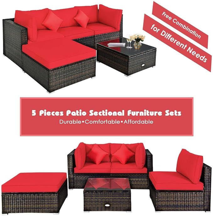 HAPPYGRILL 5 Pieces Patio Conversation Set, Outdoor Rattan Wicker Furniture Set, Sectional Sofa Ottoman Set with Coffee Table, Cushion, Pillow for Garden Lawn Balcony Backyard