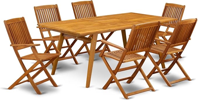 East West Furniture DECM7CANA 7 Piece Patio Dining Set Consist of a Rectangle Outdoor Acacia Wood Table and 6 Folding Arm Chairs, 40x72 Inch, Natural Oil