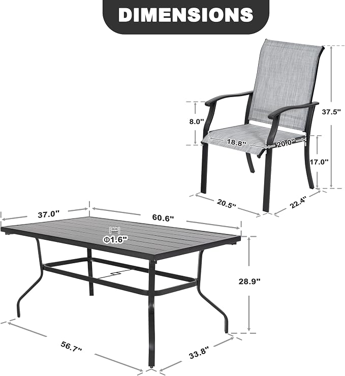 NUU GARDEN 7-Piece Patio Dining Set for 6, Outdoor Dining Table Set with Breathable Textilene Chairs, Weather-Resistant Metal Table with Umbrella Hole for Garden Poolside, Gray and Black