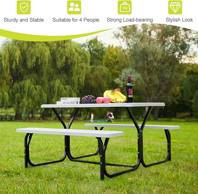 Picnic Table, Outdoor Table Bench Set with Metal Frame & Wood-Like Texture, Large Picnic Table with All Weather-Resistant Tabletop, Camping Picnic Tables for Patio, Lawn, Dining Party