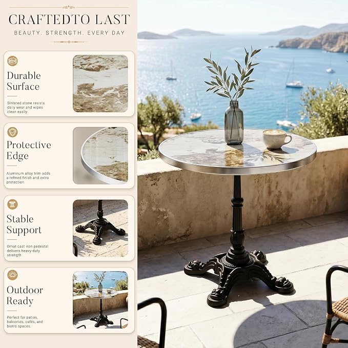 31.5" Outdoor Tulip Dining Table with Sintered Stone Tabletop and Cast Iron Base, Antique Patio Bistro Table for 2-4 Person for Indoor Outside Cafe Restaurant Backyard Garden (Platinum Cloud)