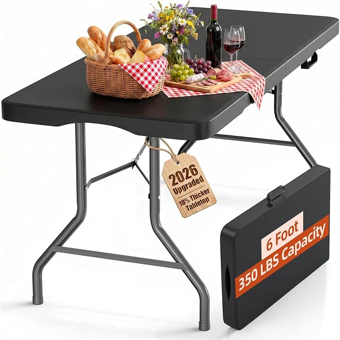 Fenbeli 6FT Folding Table, 350 LBS Heavy Duty Foldable Table with 18% Thicker HDPE Waterproof Top, Fold in Half Portable Table with Handle, Steel Frame for Indoor Outdoor Party Events