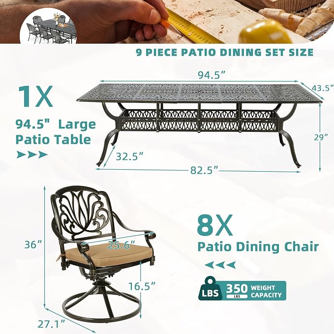MEETWARM 9-Piece Outdoor Patio Dining Set for 8, All Weather Cast Aluminum Patio Funiture Table and Chairs Set- 94.5” Rectangular Table and 8 Cushioned Swivel Rocker Chairs, 2" Umbrella Hole, Khaki