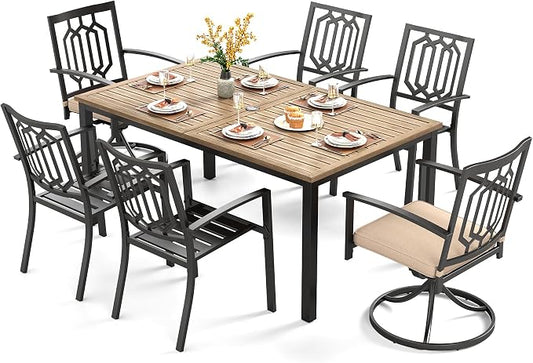 PHI VILLA 7 Pcs Outdoor Dining Set for 6,Metal Table& Fixed Swivel Chairs | Wood-Like Wrought Iron Table w/ Umbrella Hole,Modern Metal Furniture for Patio, Deck, Yard, Porch