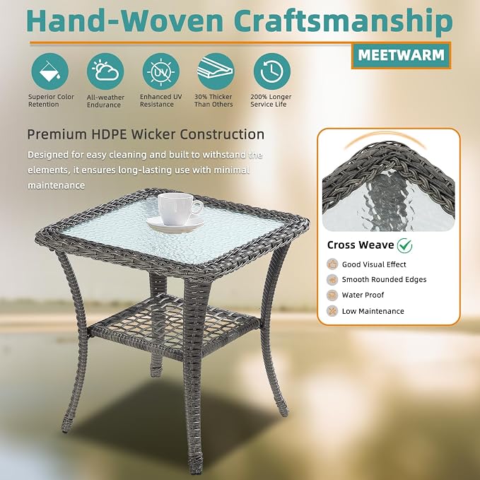 MEETWARM Wicker Outdoor Side Table, All-Weather Patio Rattan Side Table with Tempered Glass Top and Storage Shelf, Small Patio End Table for Outside Indoor Outdoor Balcony Porch Deck, Gray