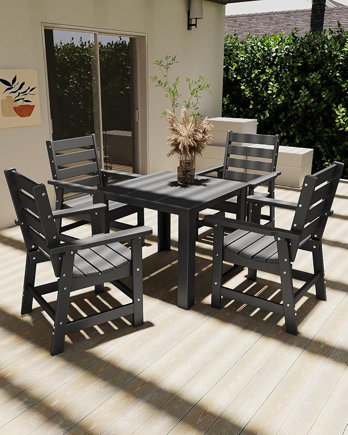 GREENVINES 5-Piece-Outdoor-Dining-Set | HDPE | Square | Patio Furniture | Table and Chairs Sets for 4 | All Weather | Umbrella Hole | for Backyard Poolside Garden | QuadraLuxe | Grey