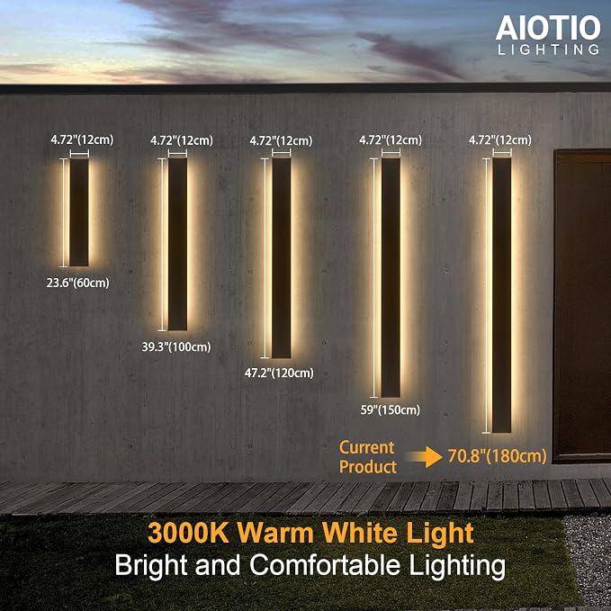 AioTio 70.8in Outdoor Wall Lights, Upgraded 4.72in Wide Black Exterior Light Fixtures Wall Mount, Waterproof Modern Porch Light,3000K Long Strip LED Linear Outdoor Sconces Wall Lighting for House