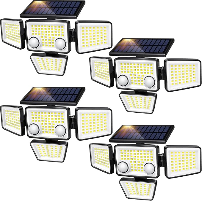 LYWALT Solar Outdoor Lights - 3000LM 188 LED Motion Sensor Outdoor Lights, 4 Heads Security Light,IP65 Waterproof, Easy Install,270°Wide Angle Flood Wall Light with 3 Modes for Backyard Yard