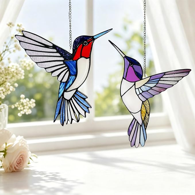 Hummingbirds Suncatcher Stained Glass, Hummingbird Suncatcher Ornament, Hummingbird Suncatcher for Grandma/Mom/Women