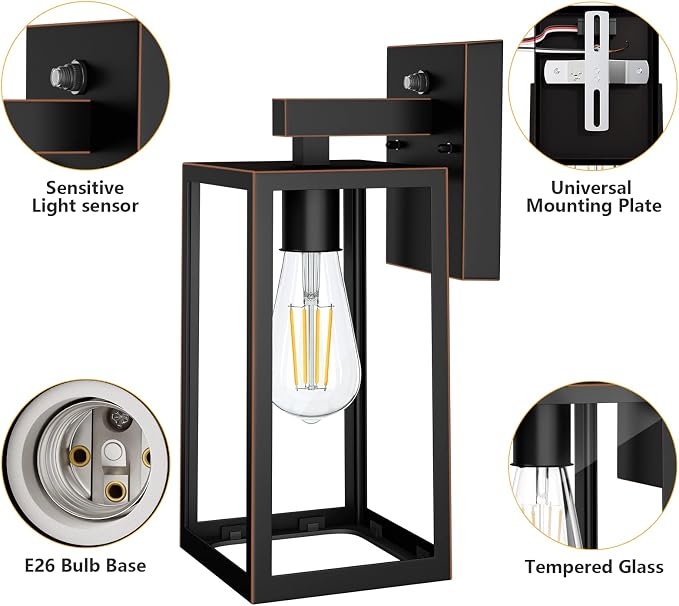 SHINE HAI Dusk to Dawn Outdoor Wall Lantern, Exterior Sensor Light Fixture with E26 Base Socket, Waterproof Wall Mount Sconce with Clear Glass Shade for Garage, Doorway (Oil-Rubbed Bronze)