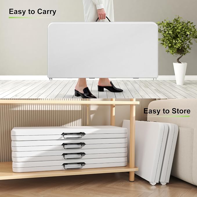 34" Square Folding Table, Plastic Card Table with Carrying Handle, Fold-in-Half Utility Portable Dining Tables Indoor Outdoor for Kitchen, Party, Picnic, Camping, Office, Wedding, White