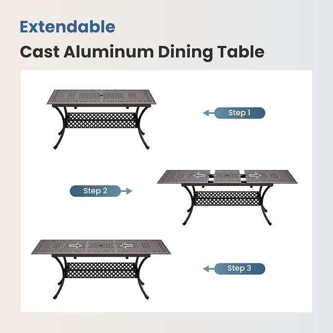 PHI VILLA 80" Outdoor Cast Aluminum Expandable Table for 6-8, Brown Rectangular Patio Dining Table with Umbrella Hole, All Weather Retro Furniture for Deck, Porch, Backyard