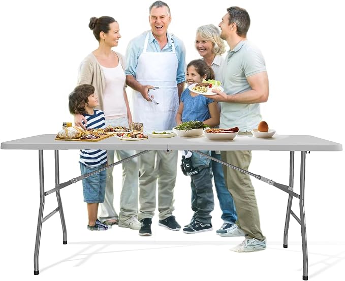 6FT Folding Table, Heavy Duty 440LBS Capacity Portable Plastic Picnic Table, Foldable Dining Tables with Carrying Handle for Party, Wedding, Camping, Events, Indoor or Outdoor Use, White