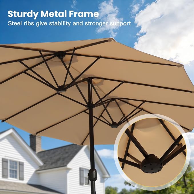 Outdoor Dining Set for 6, 8 Pieces Patio Table and Chairs Set with Umbrella, 59.2" Outdoor Dining Table and Padded Textilene Patio Swivel Chairs for Garden Backyard, Dark Blue and Black