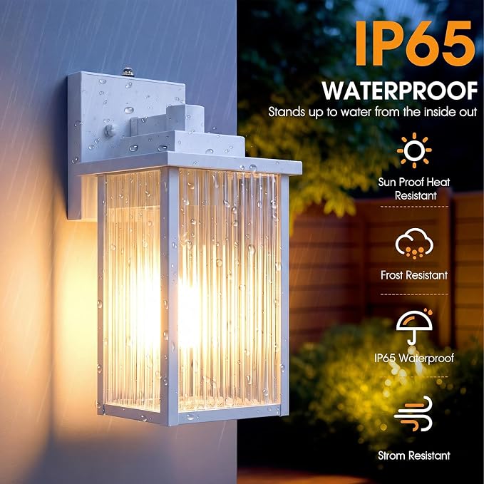2-Pack 13" White Dusk to Dawn Wall-Mounted Exterior Light Fixtures | Auto On and Off, Anti-Rust Metal Frame, Tempered Glass, E26 Socket, Easy DIY Install on Porch, Garage