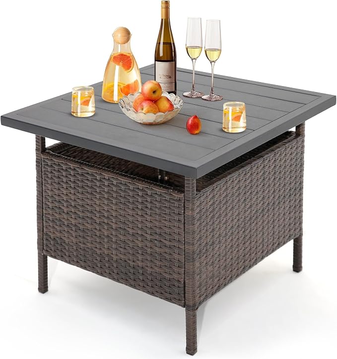 LDAILY Patio Table Umbrella, Outdoor Table with Umbrella Hole, Rattan Patio Side Table with Steel Umbrella Hole, HDPE Desktop & Metal Frame for Deck Garden Poolside Backyard Balcony, Mix Brown
