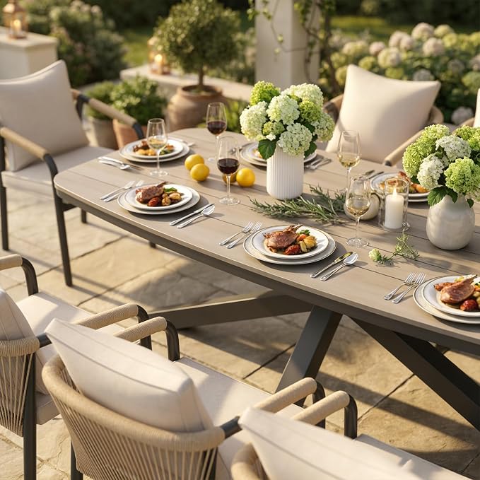 SUNSITT 7 Piece Outdoor Patio Dining Set, Patio Dining Furniture Set with 87” Aluminum Dining Table w/X Base Legs and 6 Woven Wicker Patio Chairs w/Curved Backrest for Garden, Dark Grey