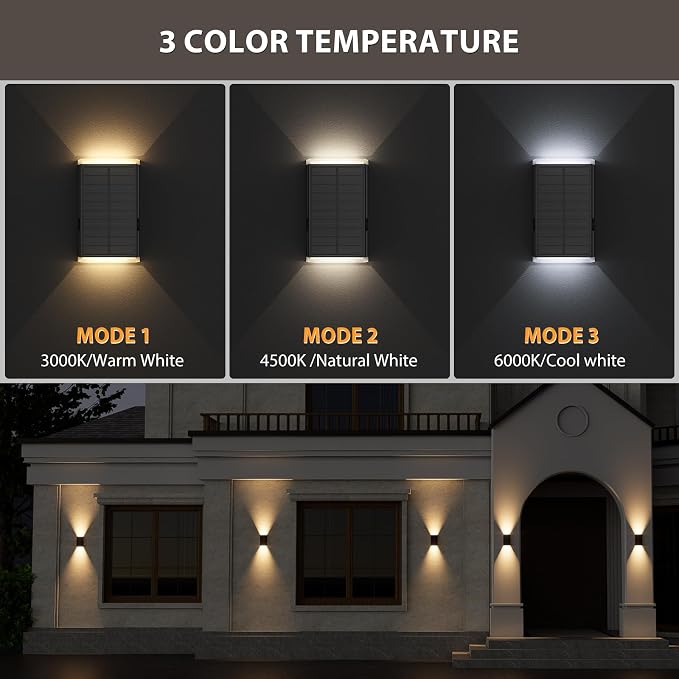 Solar Wall Light Outdoor , 3000/4000/6000K 3 Modes Dusk to Dawn Lighting Wall Sconce IP67 Waterproof Up and Down Solar Lights Outdoor Front Door Light for House, Garage, Porch, Doorway,Fence (6PACK)