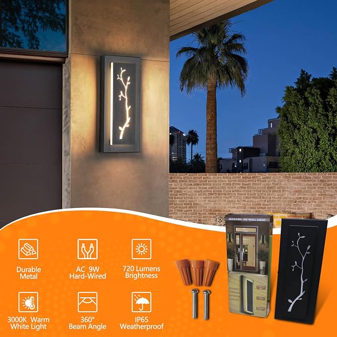 LED Outdoor Wall Sconce, 15.7'' Black Outdoor Front Porch Lights Modern Exterior Lighting Fixtures, LED Exterior Wall Sconce for House, Hallway, Warm White 3000K, 2 Pack