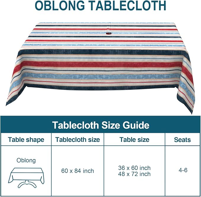 DYTXIII Outdoor Rectangle Tablecloth with Umbrella Hole and Zipper 84" x 60", Water Repellent Floral Picnic Cover, Fade & Wrinkle Resistant Tablecloth for Patio/Garden/Party Table, Stripe Red Blue