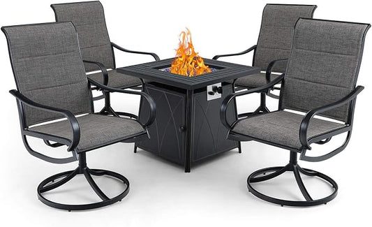 PHI VILLA 5 Piece Patio Dining Set with Firepit Table, 4 Padded Textilene Swivel Outdoor Dining Chairs with Metal Frame & 28 Inch 50000 BTU Auto-Ignition Propane Gas Fire Pit Table