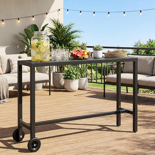 YITAHOME Outdoor Bar Table, 55" Narrow Metal Patio Bar Height Table, Rectangle Console Table with Wheels, Tall Counter for Garden Poolside, Black