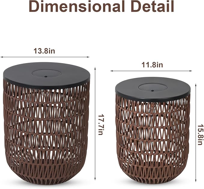 HMVPL Solar Outdoor Side Table Set of 2 with Dimmable Light, Round Patio Side Table for Outside, Outdoor End Accent Tables, Waterproof Plastic Rattan Patio End Table for Backyard Gazebo, Dusk to Dawn