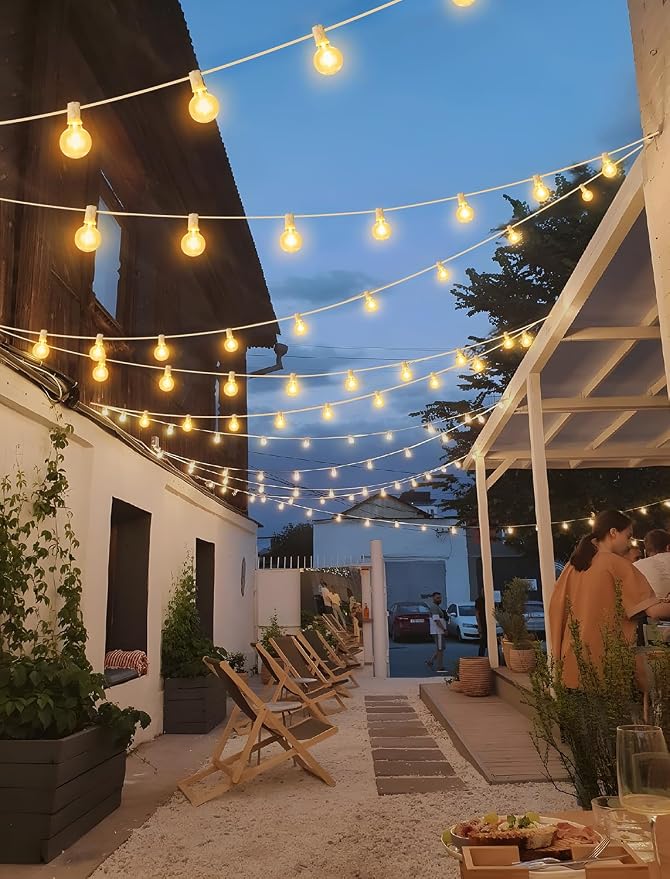 50FT(2x25FT) Solar String Lights with Remote, 20+2 G40 Bulbs, White | Solar Powered, Dusk to Dawn, Dimmable, Timer, Memory Function, LED Globe Hanging Lights for Wedding Party Cafe Decor