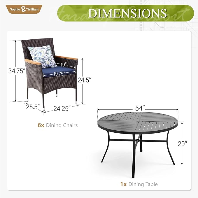 Sophia & William 7-Piece Patio Dining Set, Round Table, PE Wicker Chairs | All Weather Patio Table and Chairs Set for 6, Perfect for backyard, deck, porch