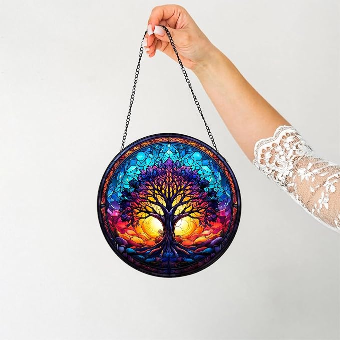 Tree of Life Suncatcher Stained Glass Window Hanging | 7.9 in, Catcher, Garden Decor