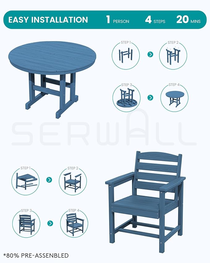 SERWALL 5-Piece Patio Dining Sets, HDPE Outdoor Table and Chairs Furniture Set, 45" Round Dining Table and 4 Dining Chairs, Navy