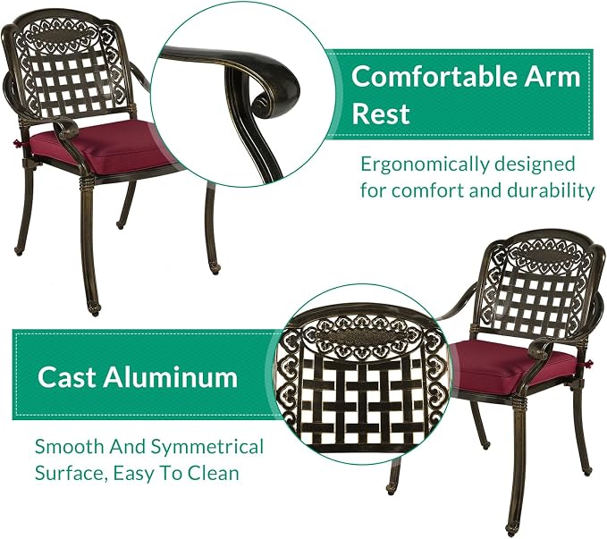 VIVIJASON 3-Piece Outdoor Patio Bistro Set, All-Weather Cast Aluminum Furniture Dining Sets Include 2 Cushioned Chairs and 35.4" Round Table w/Umbrella Hole for Balcony, Garden, Backyard, Red Cushion