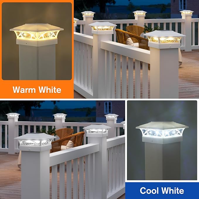 APONUO Solar Post Cap Lights 12 Pack - 4x4 5x5 6x6 Fence Post Lights, Auto On/Off, Waterproof IP64, 2-Mode (Warm/Cool White), Deck Patio Yard Solar Light for Wood & Vinyl Posts, White