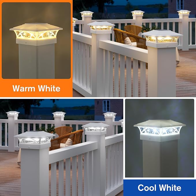 APONUO Solar Post Cap Lights 6 Pack - 4x4 5x5 6x6 Fence Post Lights, Auto On/Off, Waterproof IP64, 2-Mode (Warm/Cool White), Deck Patio Yard Solar Light for Wood & Vinyl Posts, White