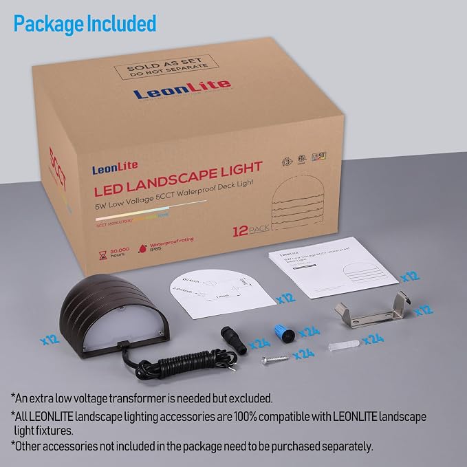 LEONLITE 12-Pack 5CCT Low Voltage LED Deck Lights, 250LM Ultra Bright | 1800K/2700K/3000K/4000K/5000K, CRI90, 12-24V AC/DC, Anti Glare Step Railing Light, Fence Down Light, IP65, Oil Rubbed Bronze