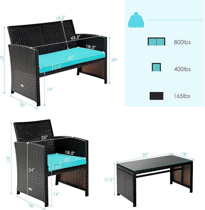Tangkula 4 Pieces Rattan Furniture Set, Outdoor Conversation Set w/Chair & Loveseat & Tempered Glass Coffee Table, Suitable for Garden, Backyard, Poolside, Patio Furniture Set for 4 (1, Turquoise)
