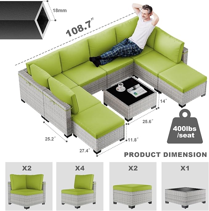 9-Piece Patio Furniture Set, Outdoor with Ottomans, Modular Patio Sofa, Dual-Strand Wicker Rattan, Rust-Resistant Frame, Backyard Furniture for Garden, Deck, Grass Green