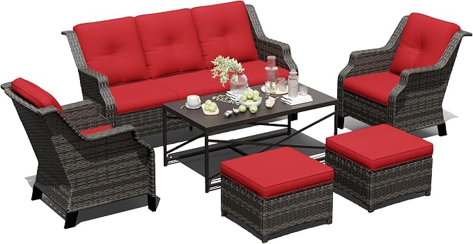 Outdoor Patio Furniture Set, 6 Piece Wicker Patio Furniture with Thick Cushions, Curved Armrest, Deep Seating, Rattan Outdoor Chairs for Porch, Deck, Balcony