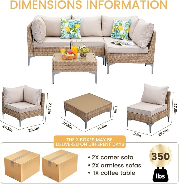 5 Piece Patio Furniture Set, Wicker Modular Outdoor Furniture with Thicker Cushions, Outdoor Couch Sofa for Garden, Poolside, Backyard, Beige