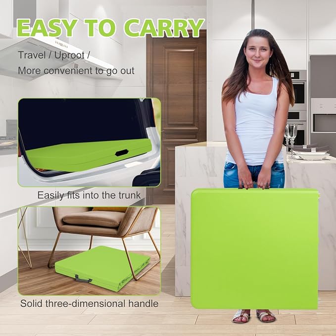 Portable 4Ft Folding Table, Heavy Duty Plastic Fold-in-Half Utility Foldable Table Small, Adjustable Height Plastic Folding Table with Carrying Handle for Camping & Party Indoor/Outdoor(Green)