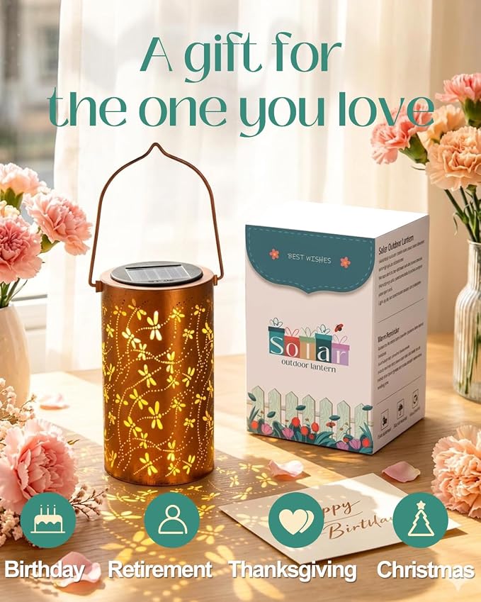 DIBIEECN Birthday Gifts for Women Mom Grandma Wife, Solar Lanterns Outdoor Waterproof, Metal Hanging Lights Garden Decor, LED Decorative Lantern for Patio Porch Backyard,Dragonfly, 1 Pack