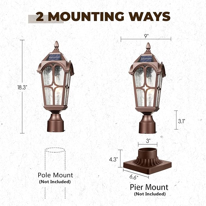 17.3 Inch Outdoor Solar Post Light, Dusk to Dawn Pier Mount Pole Lamp, Oil Rubbed Bronze Aluminum with Seeded Water Ripple Glass, Waterproof Exterior Lantern for Yard Garden Patio Driveway