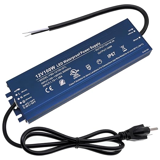 12V 100W UL Listed LED Power Supply with 3.28ft US Standard Plug Wire | Waterproof IP67 Low Voltage Transformer 100V-130V AC to 12V DC Converter for DC12V LED Lighting Products