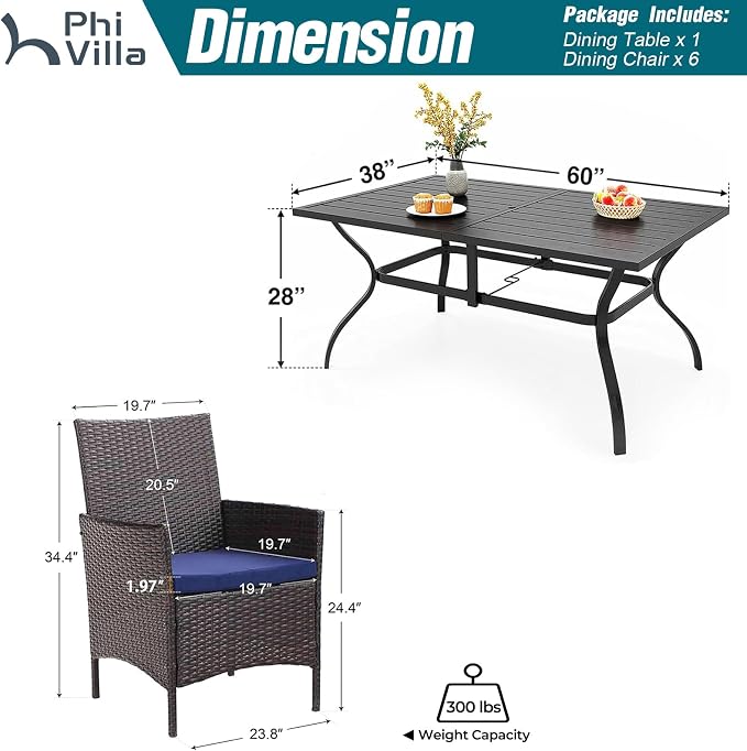 PHI VILLA 7 Piece Patio Dining Set, 60” Rectangular Table, Rattan Chairs | Outdoor Dining Set for 6, Metal Dining Table with Umbrella Hole, Wicker Chairs with Cushions for Patio, Deck, Porch